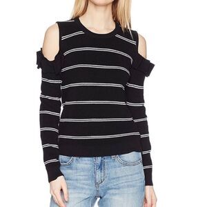 Jack by BB Dakota Black/White Striped Cozy Ruffle Cold Shoulder Sweater